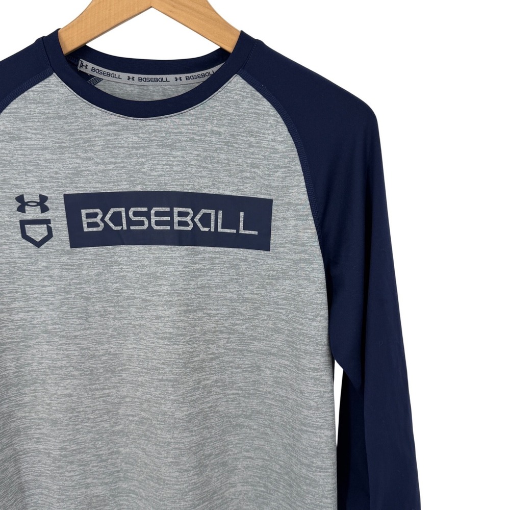 Under Armour Baseball Mens Small Gray Navy Blue 3/4 Raglan Sleeve Shirt